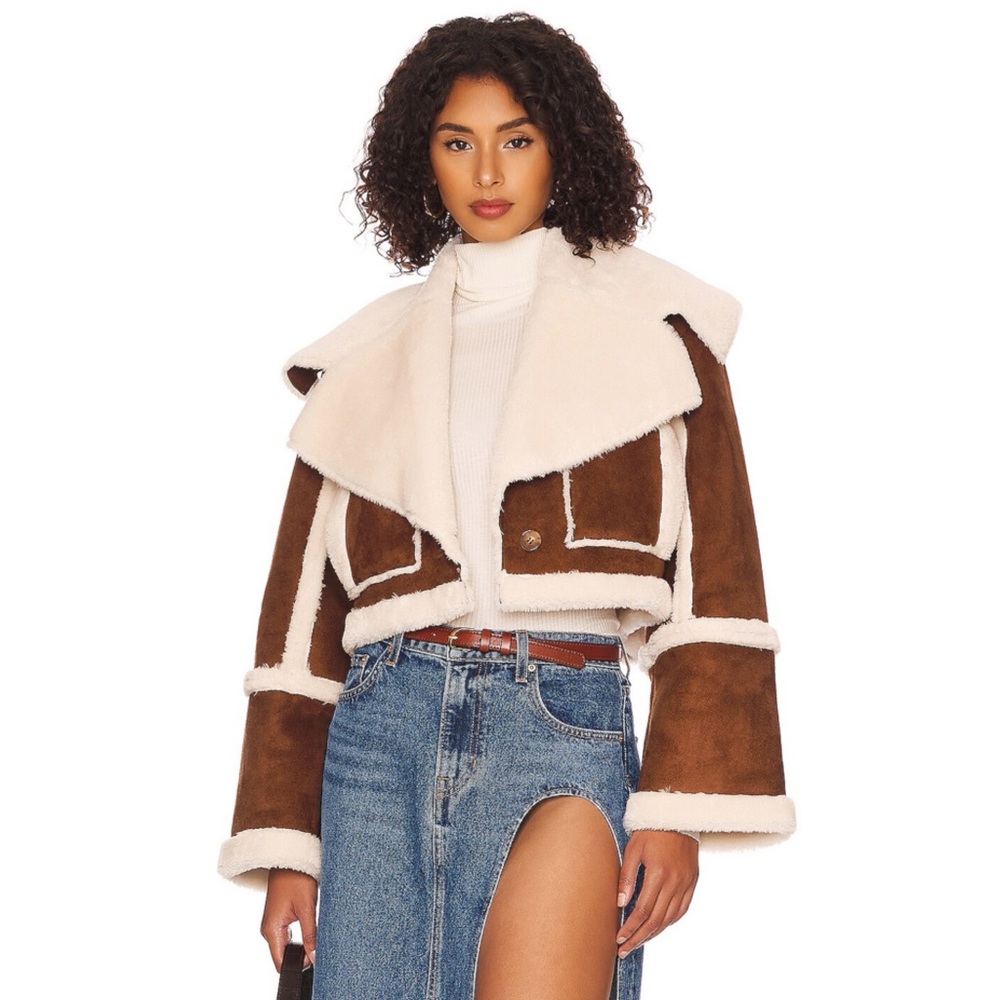 REVOLVE Lovers & Friends Dutton Shearling Camel Brown Vegan Suede Cropped Jacket